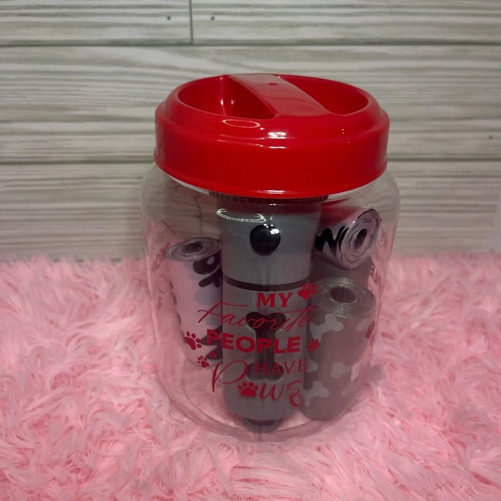 Doggy treat jar with doggie, waste bags bag dispenser with flashlight